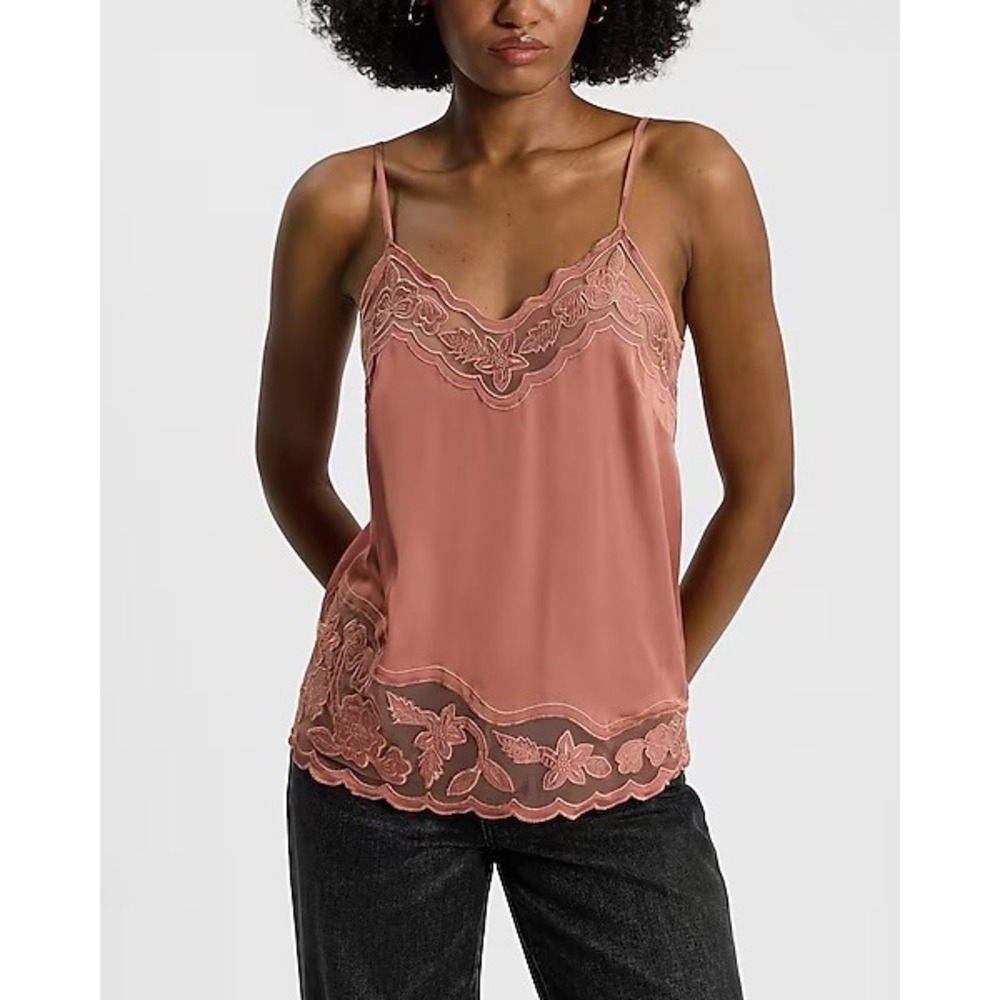 Express Womens Romantic Downtown Cami Top M Terracotta Embroidered‎ Sheer Lace